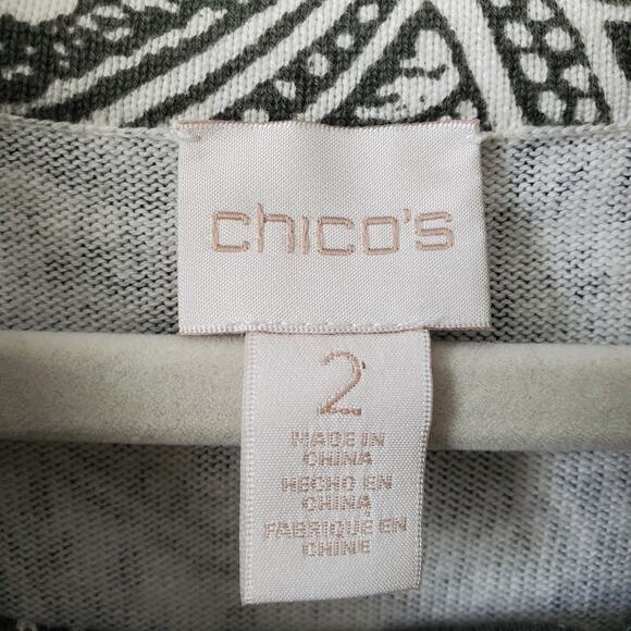 Chico's Cowl Neck Asymmetric Hem Sweater L 2 Paisley Gray White Artsy Lagenlook - Picture 3 of 9